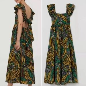 H&M 100% Cotton Flutter Sleeve Cut Out Rainforest FARM Rio Style Maxi Dress S